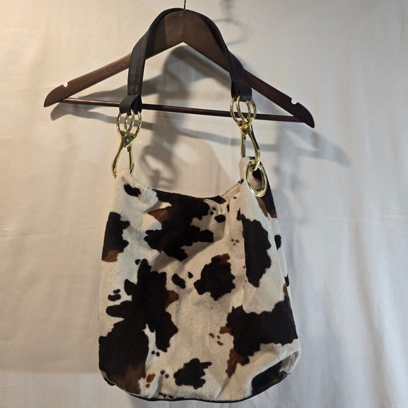 Braciano Handbags - Braciano Cow Print Furry Hobo Shoulder Bag Gold Tone Hardware